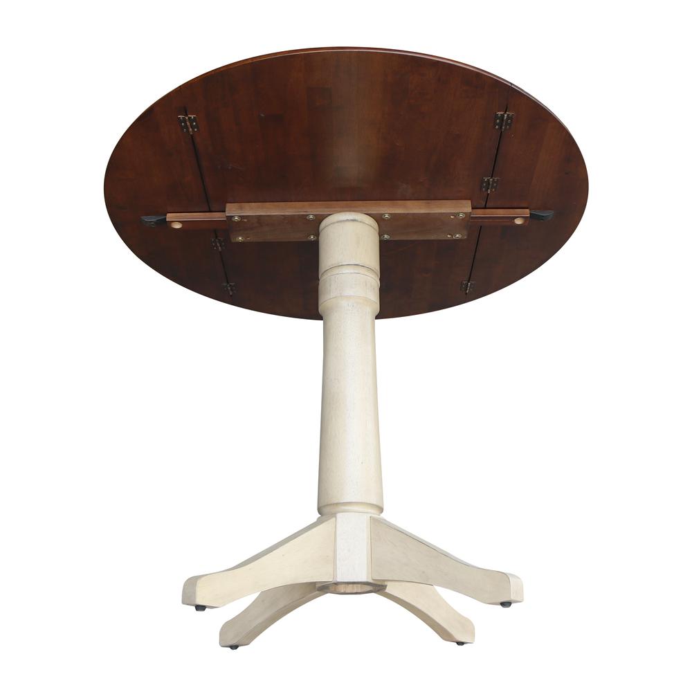 42" Round Dual Drop Leaf Pedestal Table - 29.5"H, Almond/Espresso Finish, Antiqued Almond/Espresso. Picture 57
