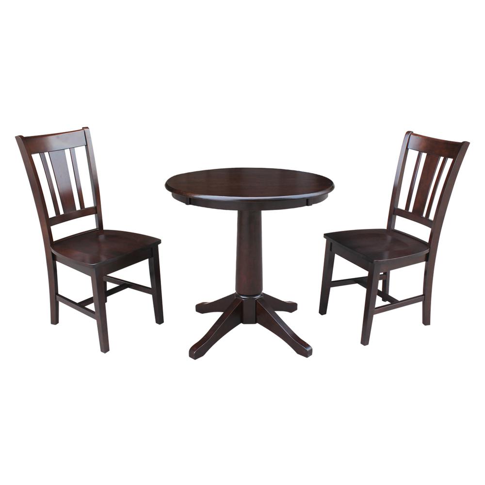 30" Round Top Pedestal Table - With 2 San Remo Chairs, Rich Mocha. Picture 1