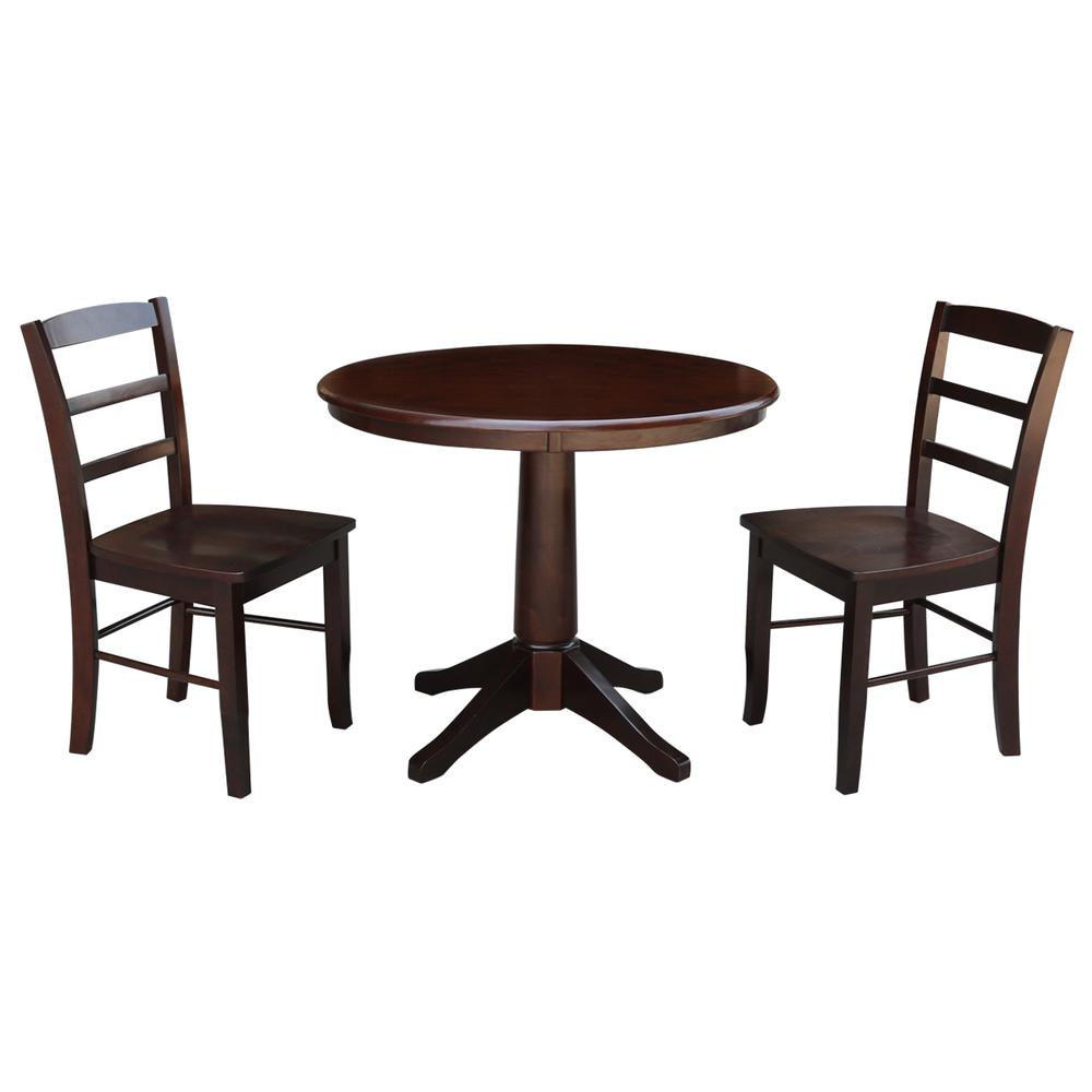 36" Round Top Pedestal Table - With 2 Madrid Chairs, Rich Mocha. Picture 1