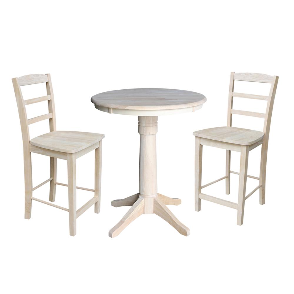 30" Round Pedestal Gathering Height Table With 2 Madrid Counter Height Stools. Picture 1
