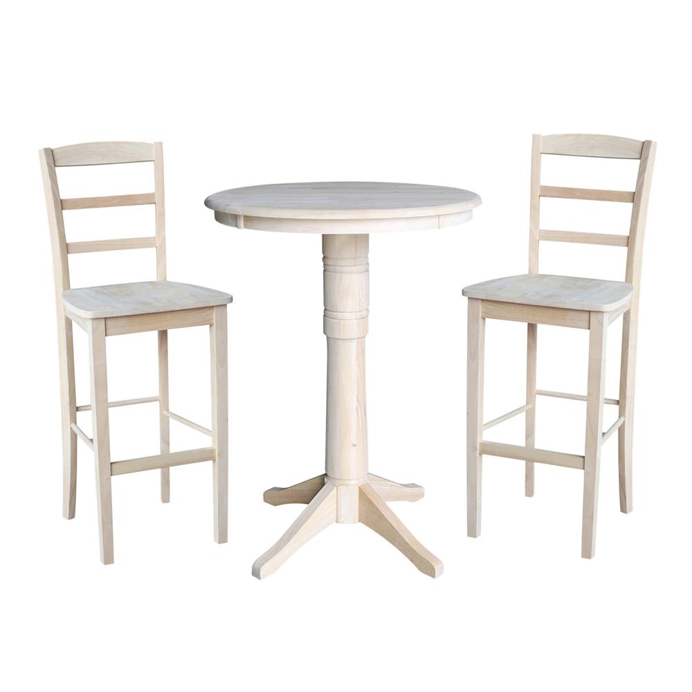 30" Round Pedestal Gathering Height Table With 2 Madrid Bar Height Stools. Picture 1
