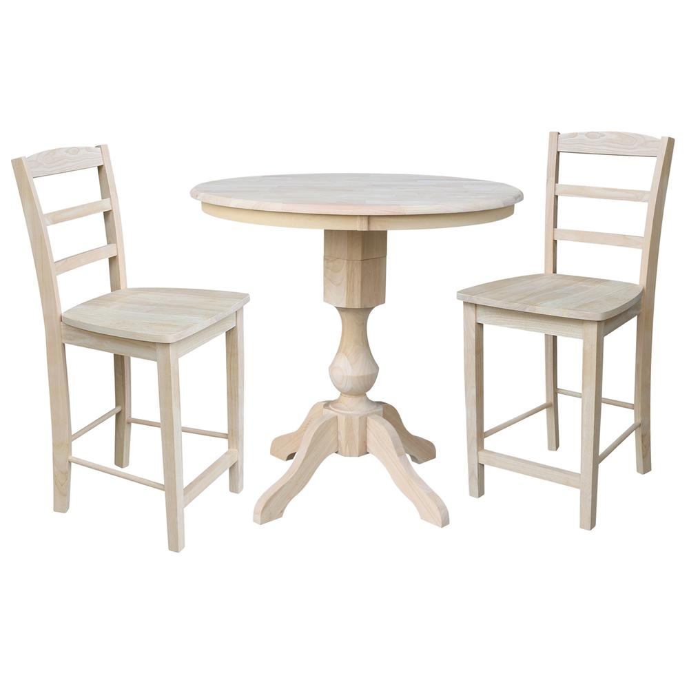 36" Round Pedestal Gathering Height Table With 2 Madrid Counter Height Stools. Picture 1