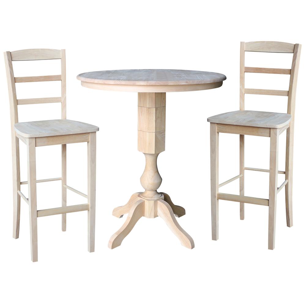 36" Round Pedestal Bar Height Table With 2 Madrid Bar Height Stools. Picture 1