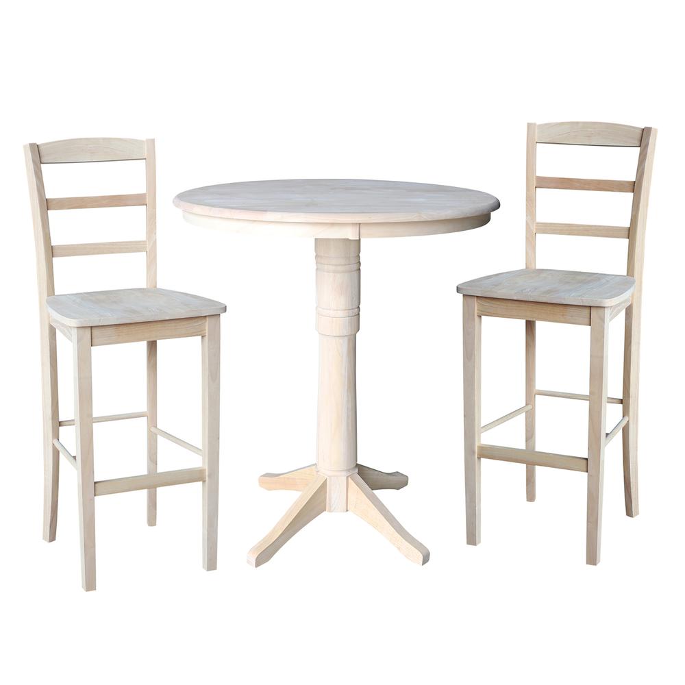 36" Round Pedestal Bar Height Table With 2 Madrid Bar Height Stools. Picture 1