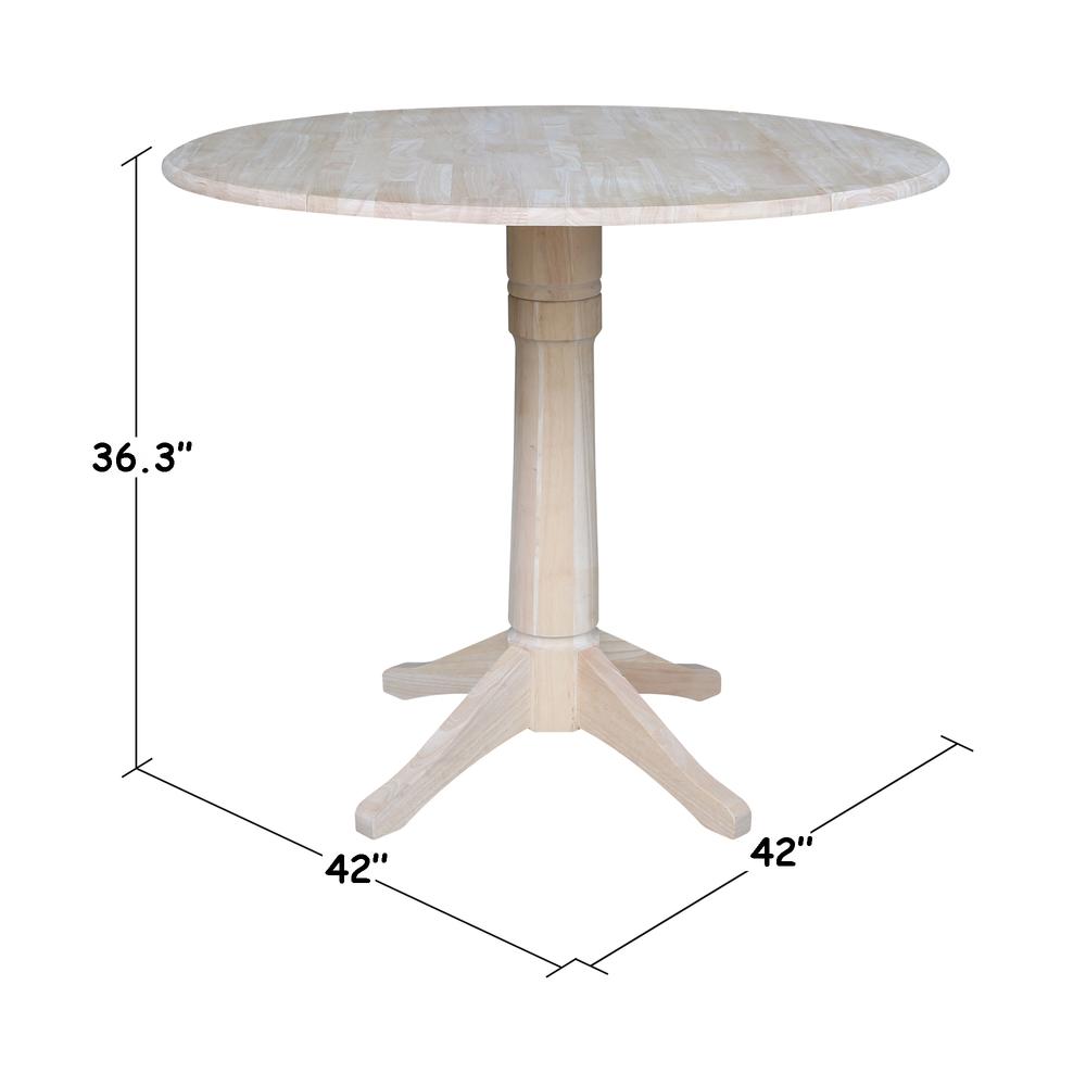 42" Round Pedestal Gathering Height Table with Two Counter Height Stools, Unfinished, Ready to finish. Picture 7