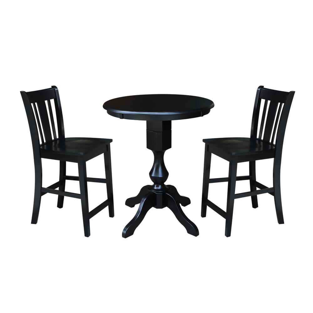 30" Round Pedestal Counter Height Table With 2 X-Back Counter Height Stools, Black. Picture 1