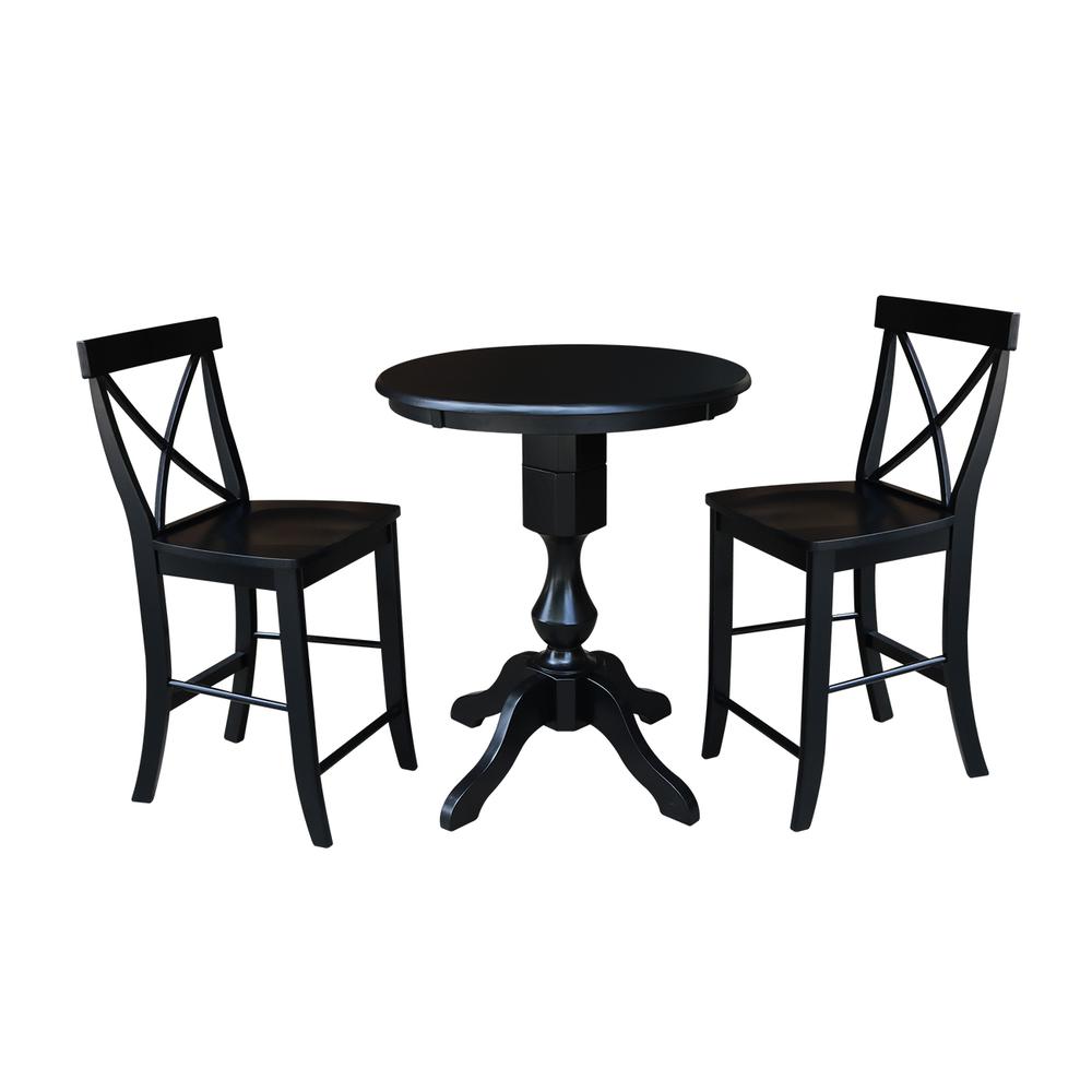 30" Round Pedestal Counter Height Table With 2 X-Back Counter Height Stools, Black. Picture 1