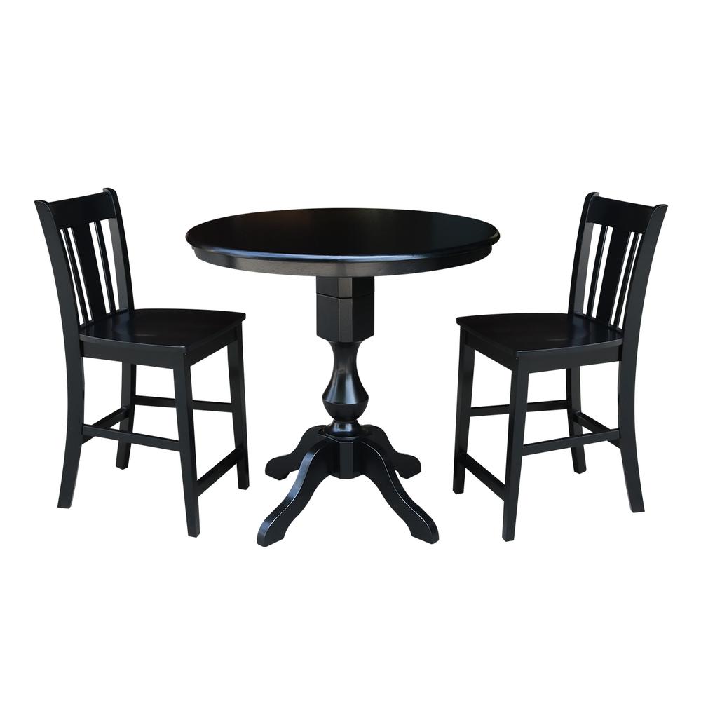 36" Round Pedestal Gathering Height Table With 2 San Remo Counter Height Stools, Black. Picture 1