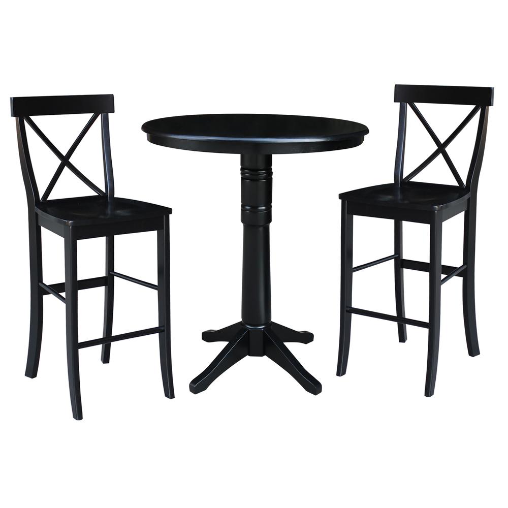 36" Round Pedestal Bar Height Table With 2 X-Back  Bar height Stools, Black. Picture 1