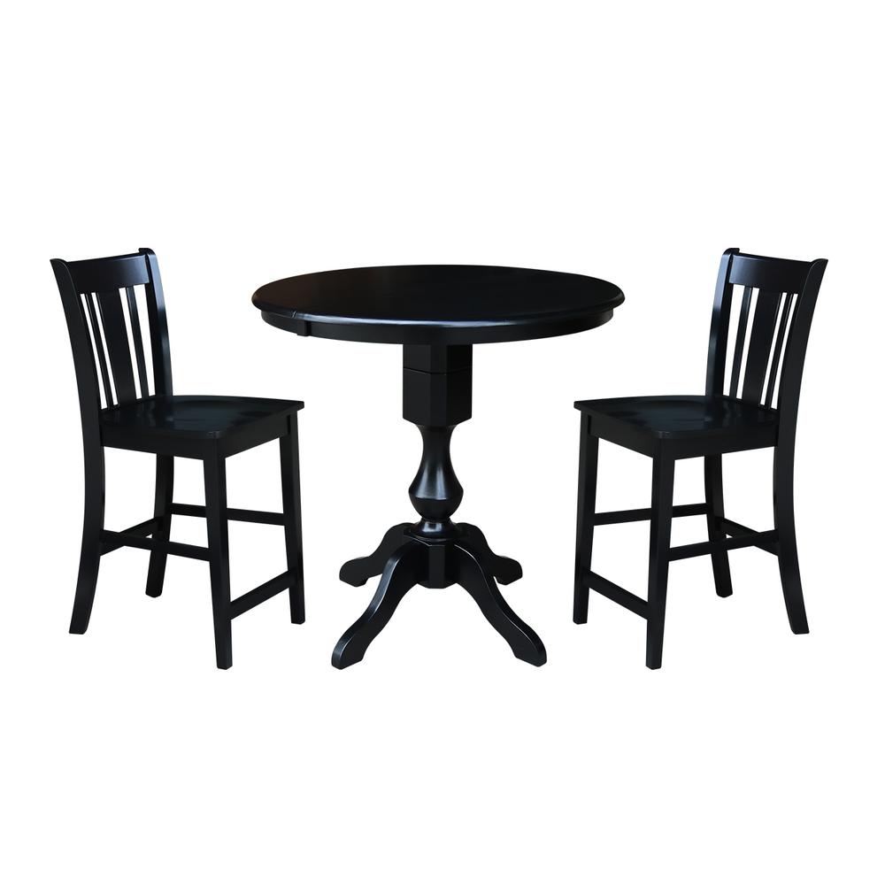 36" Round Extension Dining Table 34.9"H With 2 San Remo Counter height Stools, Black. Picture 1