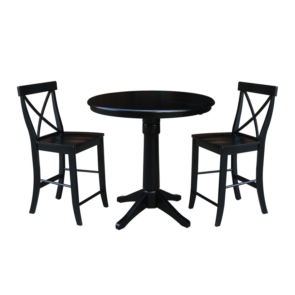 36" Round Extension Dining Table 34.9"H With 2 X-Back Counter height Stools, Black. Picture 1