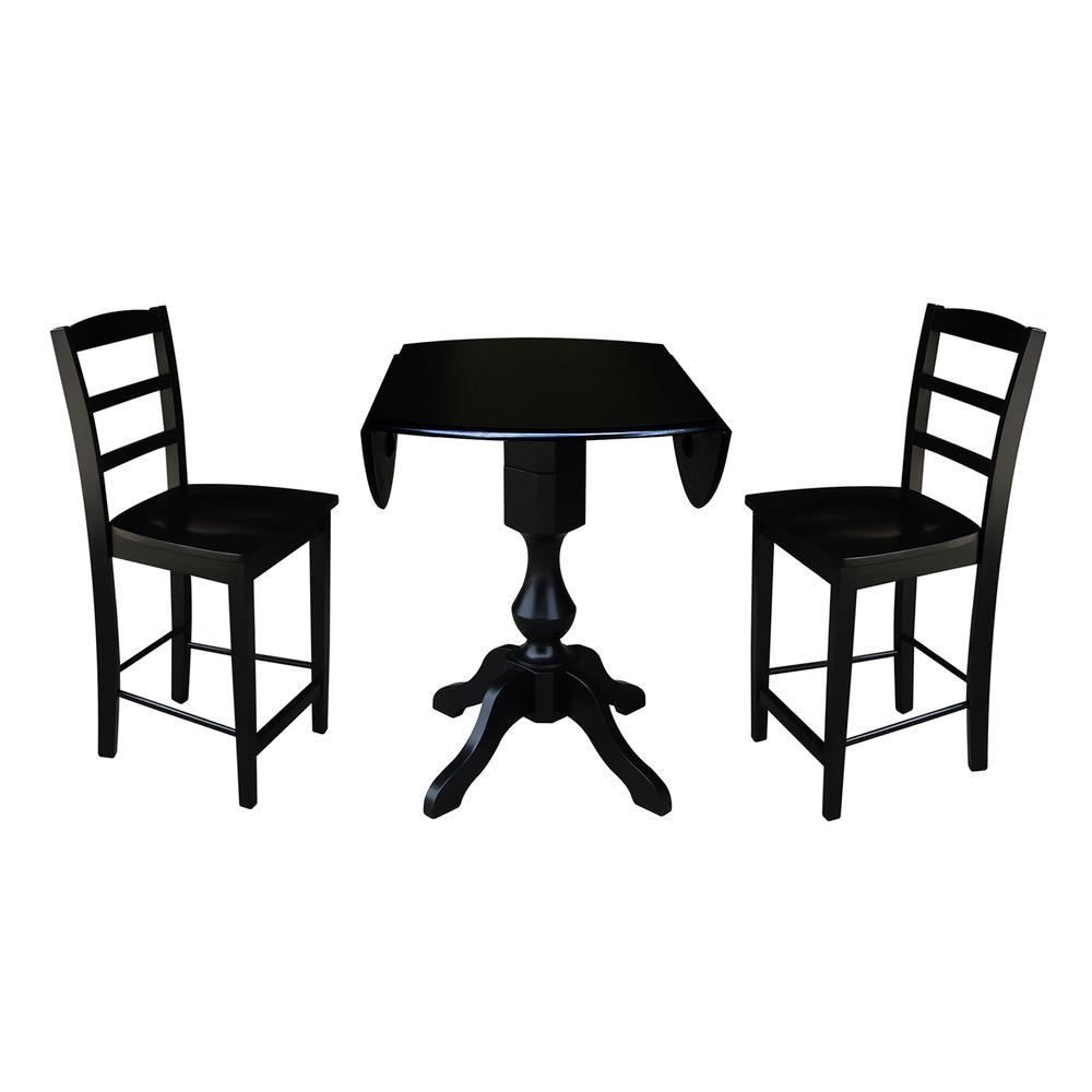 42" Round Pedestal Gathering Height Table with 2 Counter Height Stools, Black. Picture 2