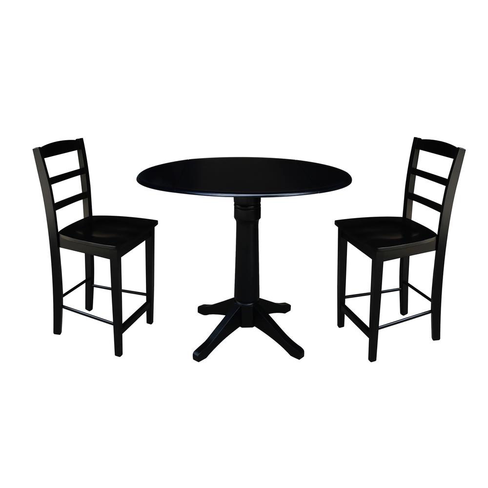 42" Round Pedestal Gathering Height Table with 2 Counter Height Stools, Black. Picture 3