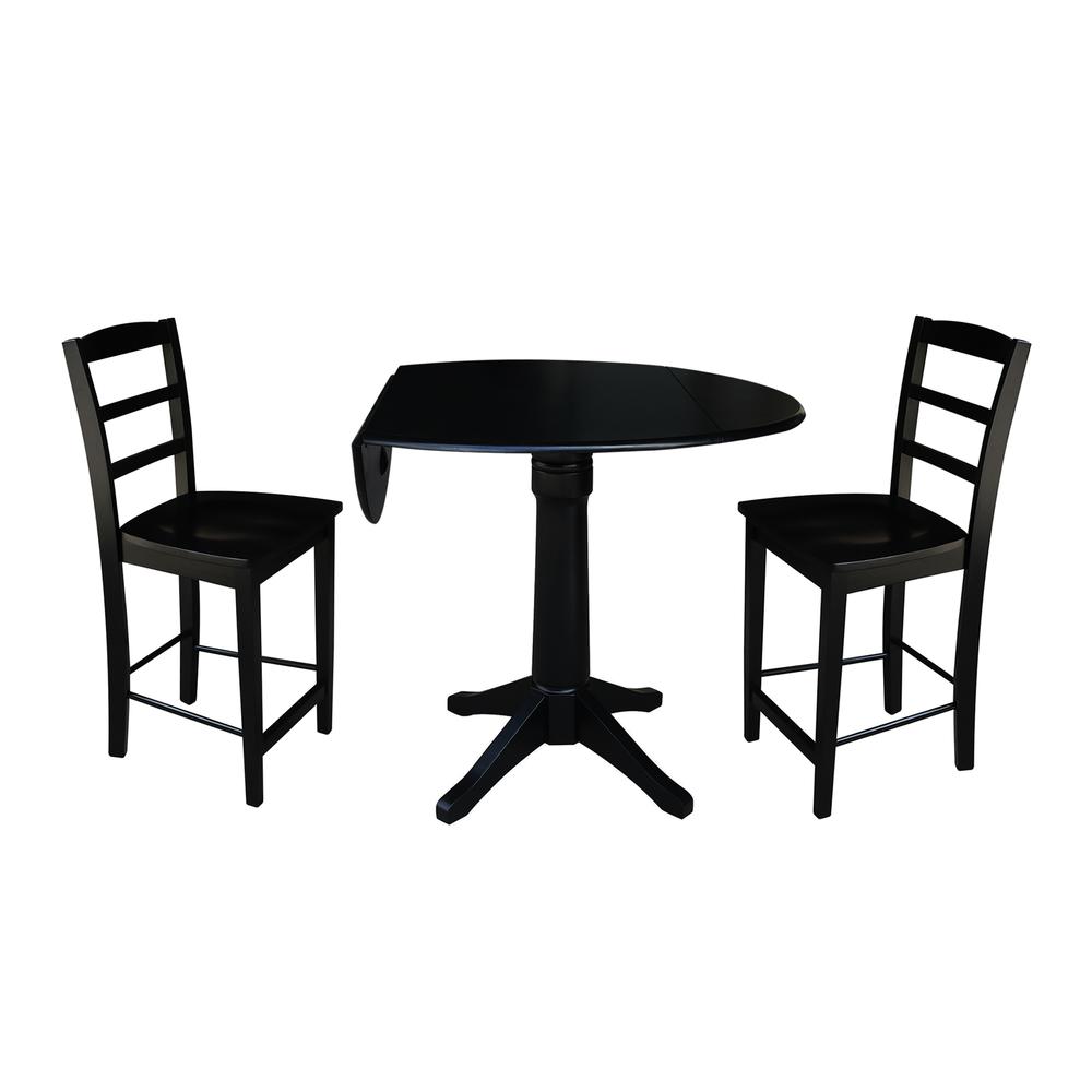 42" Round Pedestal Gathering Height Table with 2 Counter Height Stools, Black. Picture 1