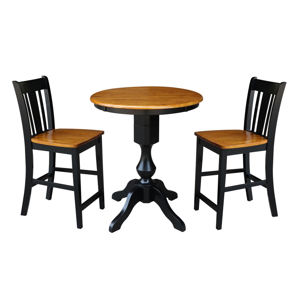 30" Round Pedestal Counter Height Table With 2 San Remo Counter Height Stools, Black/Cherry. Picture 1