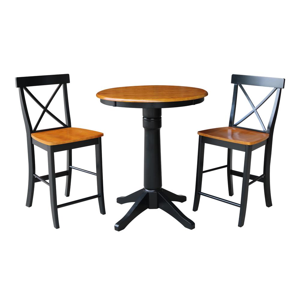 30" Round Pedestal Gathering Height Table With 2 X-Back Counter Height Stools, Black/Cherry. Picture 1