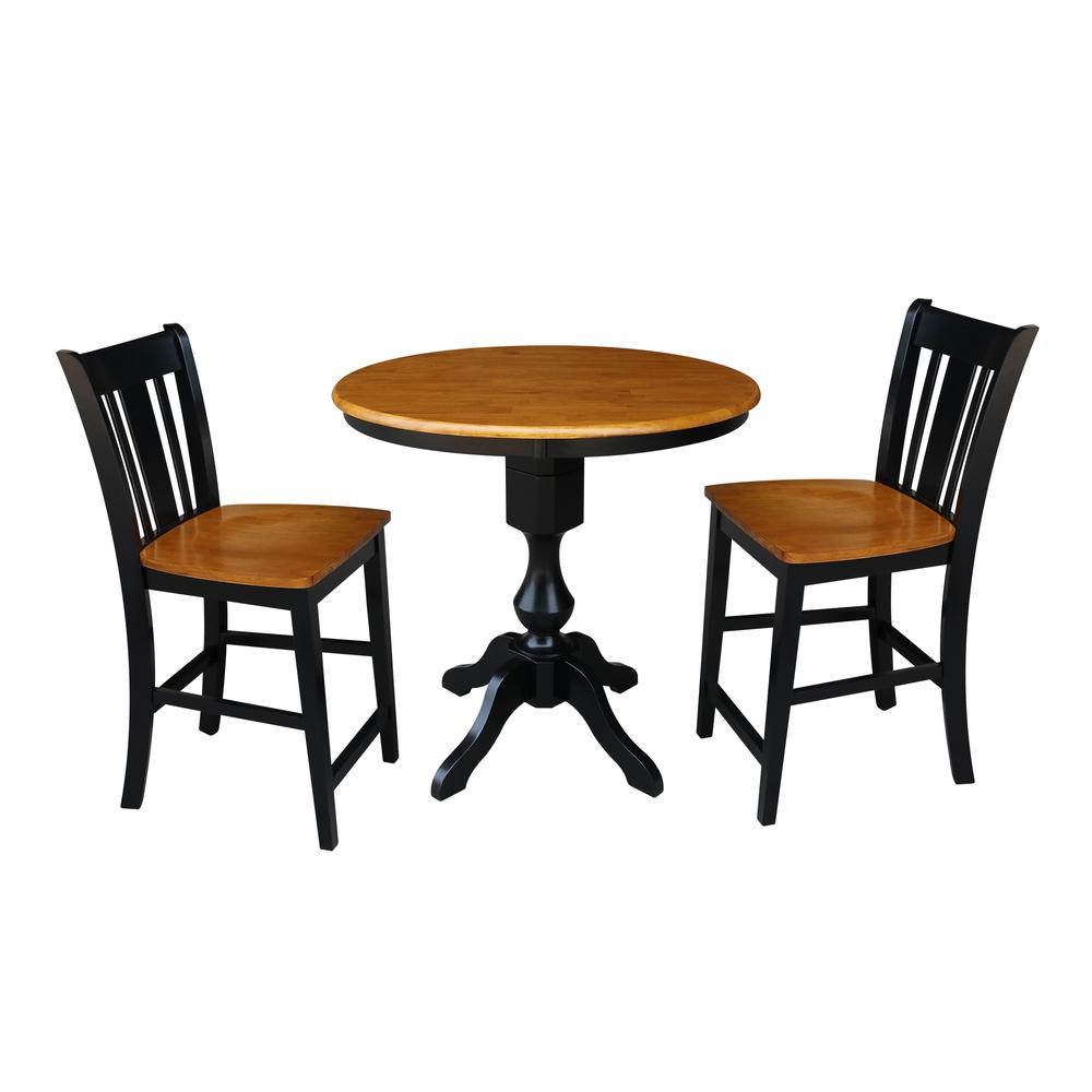 36" Round Pedestal Gathering Height Table With 2 San Remo Counter Height Stools, Black/Cherry. Picture 1