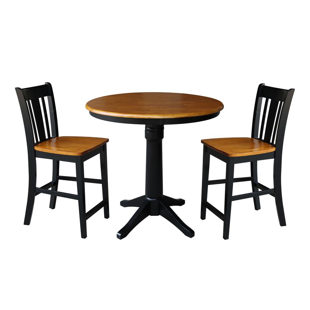 36" Round Pedestal Gathering Height Table With 2 Counter Height Stools, Black/Cherry. Picture 1