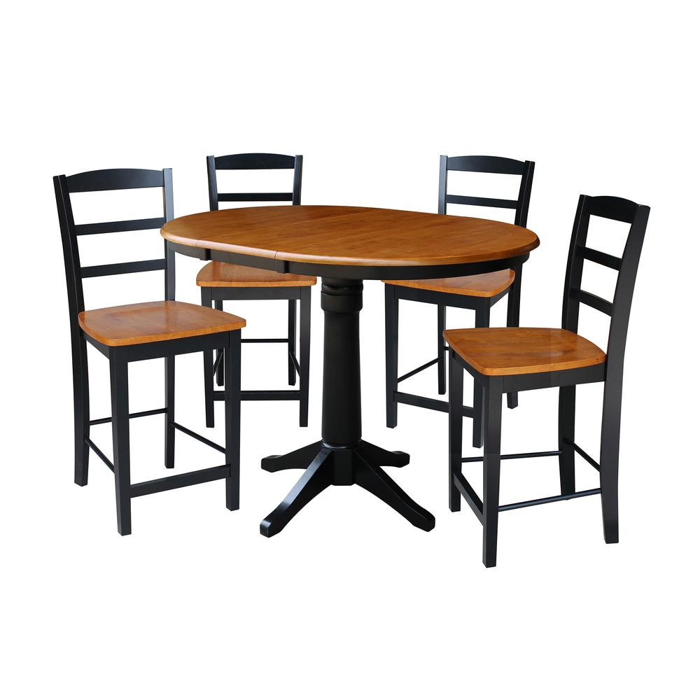 36" Round Extension Dining Table 34.9"H With 4 Madrid Counter height Stools, Black/Cherry. Picture 1