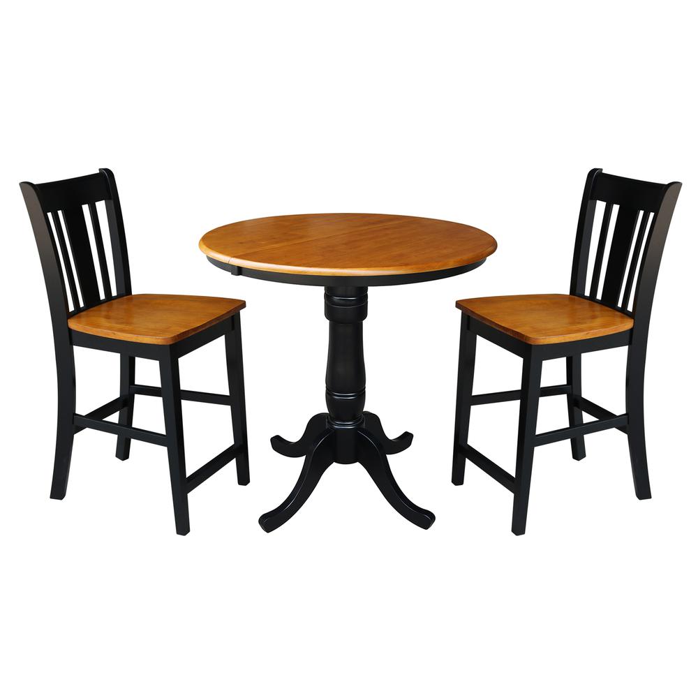 36" Round Top Pedestal Ext Table Counter Height With 12" Leaf And 2 Rta San Remo Counter height Stools, Black/Cherry. Picture 1