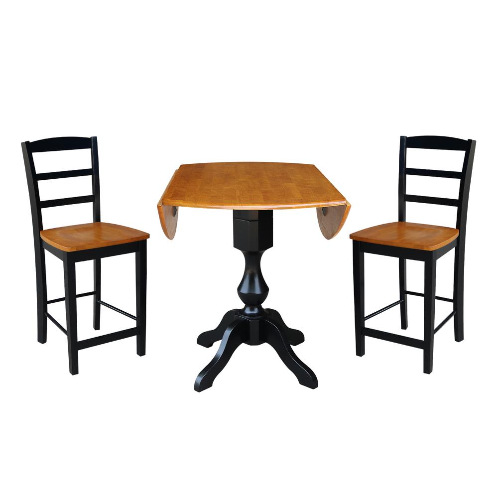42" Round Pedestal Gathering Height Table with 2 Counter Height Stools, Black/Cherry, Black/Cherry. Picture 2