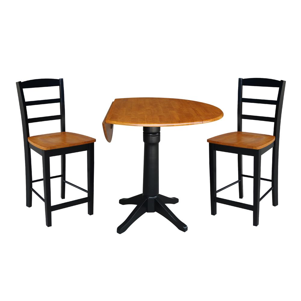 42" Round Pedestal Gathering Height Table with 2 Counter Height Stools, Black/Cherry, Black/Cherry. Picture 1