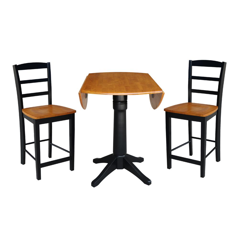 42" Round Pedestal Gathering Height Table with 2 Counter Height Stools, Black/Cherry, Black/Cherry. Picture 2