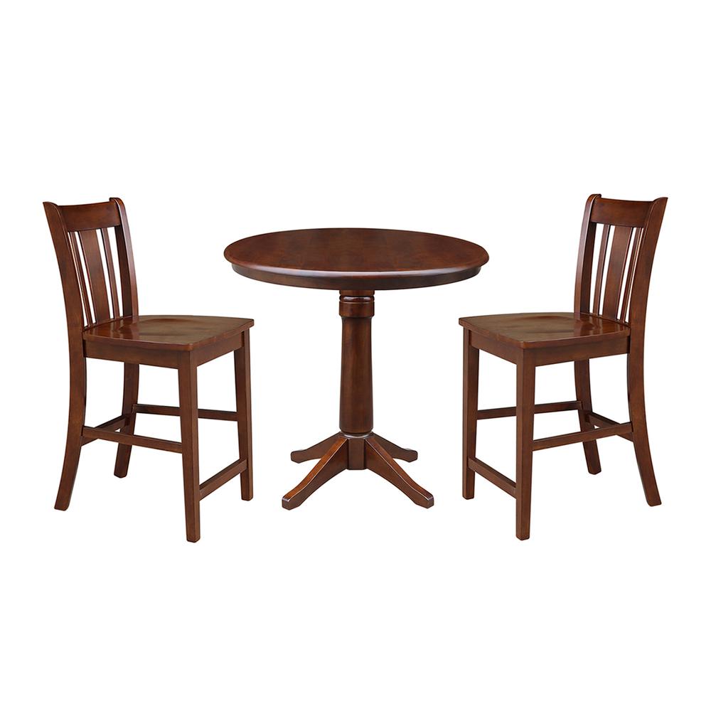 36" Round Pedestals Gathering Height Table With 2 Counter Height Stools, Espresso. Picture 1