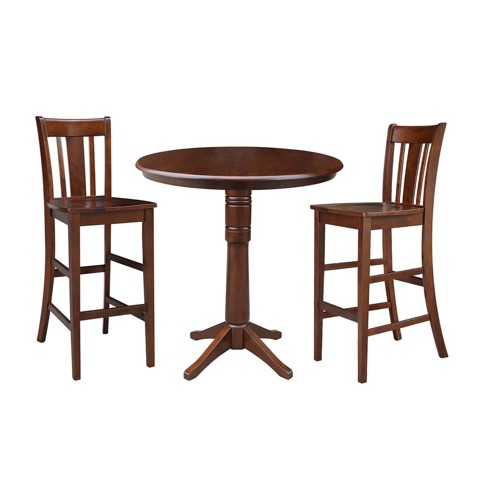 36" Round Pedestals Bar Height Table With 2 Bar height Stools, Espresso. Picture 1