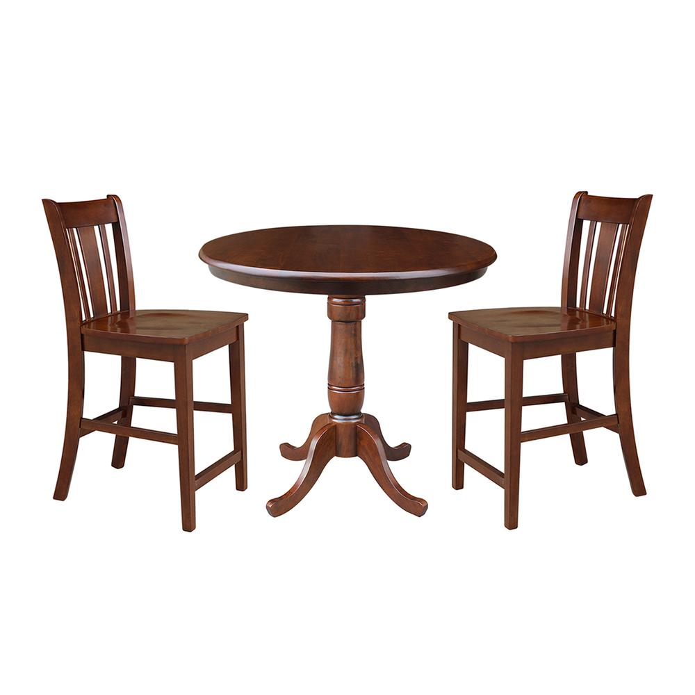 36" Round Pedestal Gathering Height Table With 2 San Remo Counter Height Stools, Espresso. Picture 1