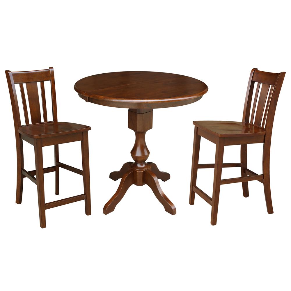 36" Round Extension Dining Table 34.9"H With 2 Rta Counter height Stools, Espresso. Picture 1