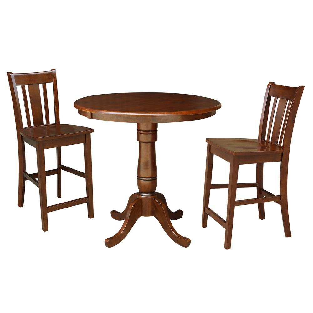 36" Round Top Pedestal Ext Table With 12" Leaf And 2 San Remo Rta Counter Height Stools, Espresso. Picture 1