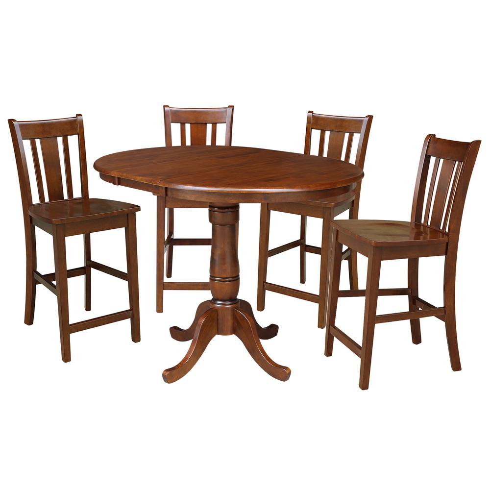 36" Round Top Pedestal Ext Table With 12" Leaf And 4 San Remo Rta Counter Height Stools, Espresso. Picture 1