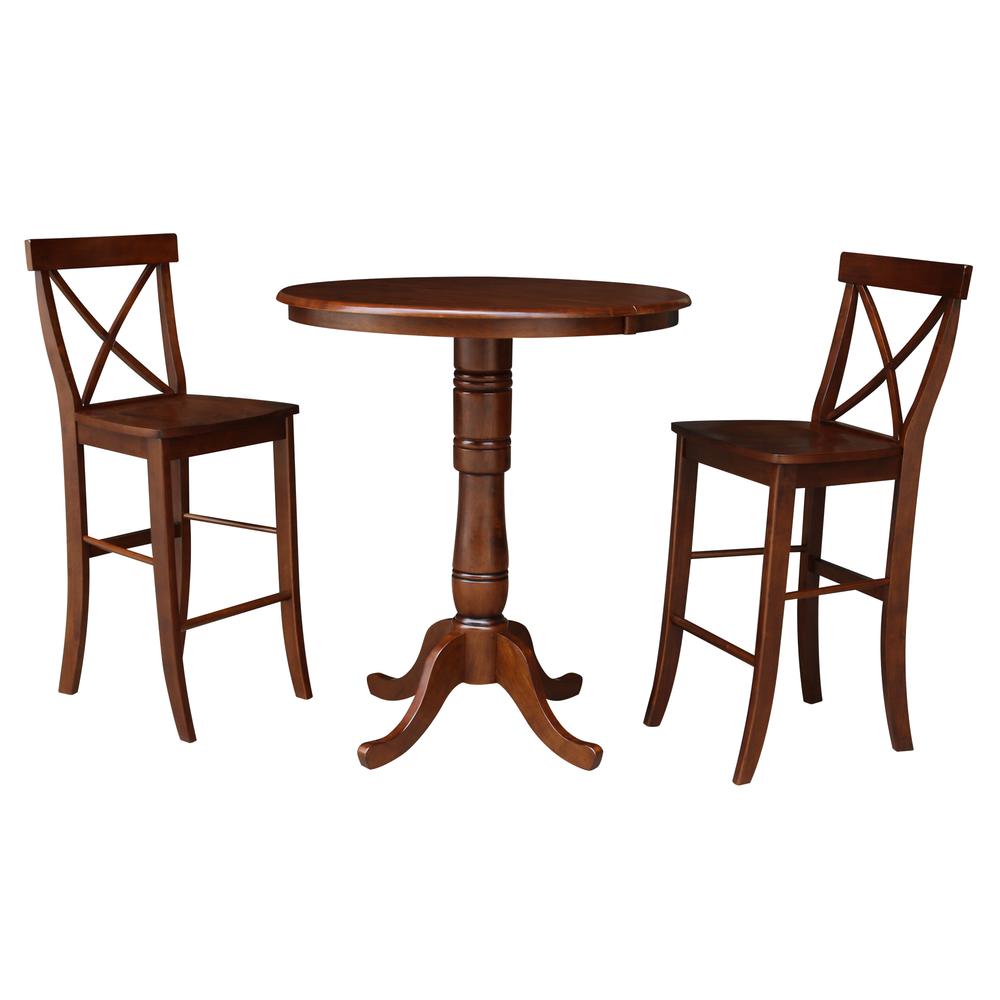 36" Round Top Pedestal Ext Table Bar Height With 12" Leaf And 2 Rta X-Back Barstools, Espresso. Picture 1