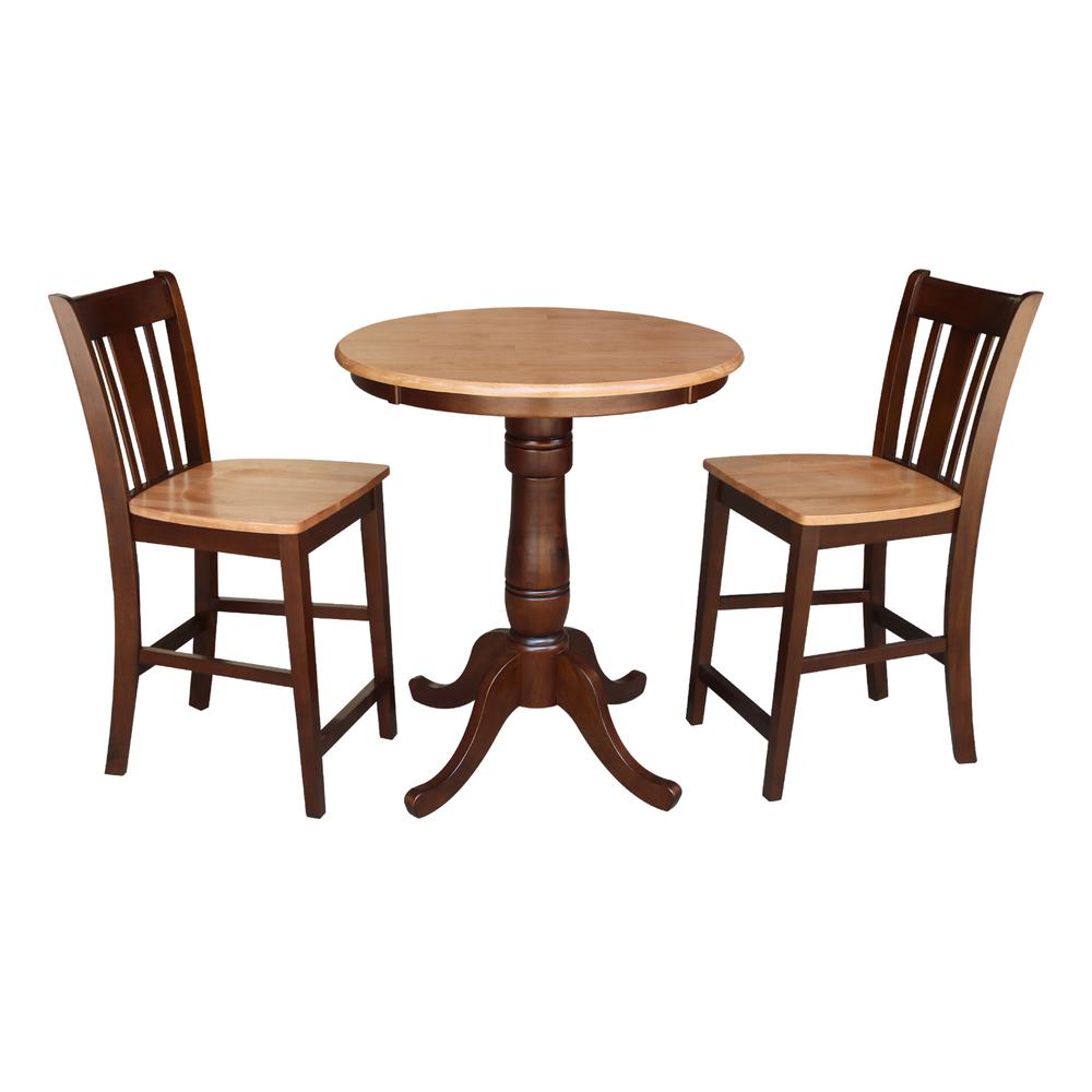 30" Round Pedestal Gathering Height Table With 2 Counter Height Stools, Cinnamon/Espresso. Picture 1