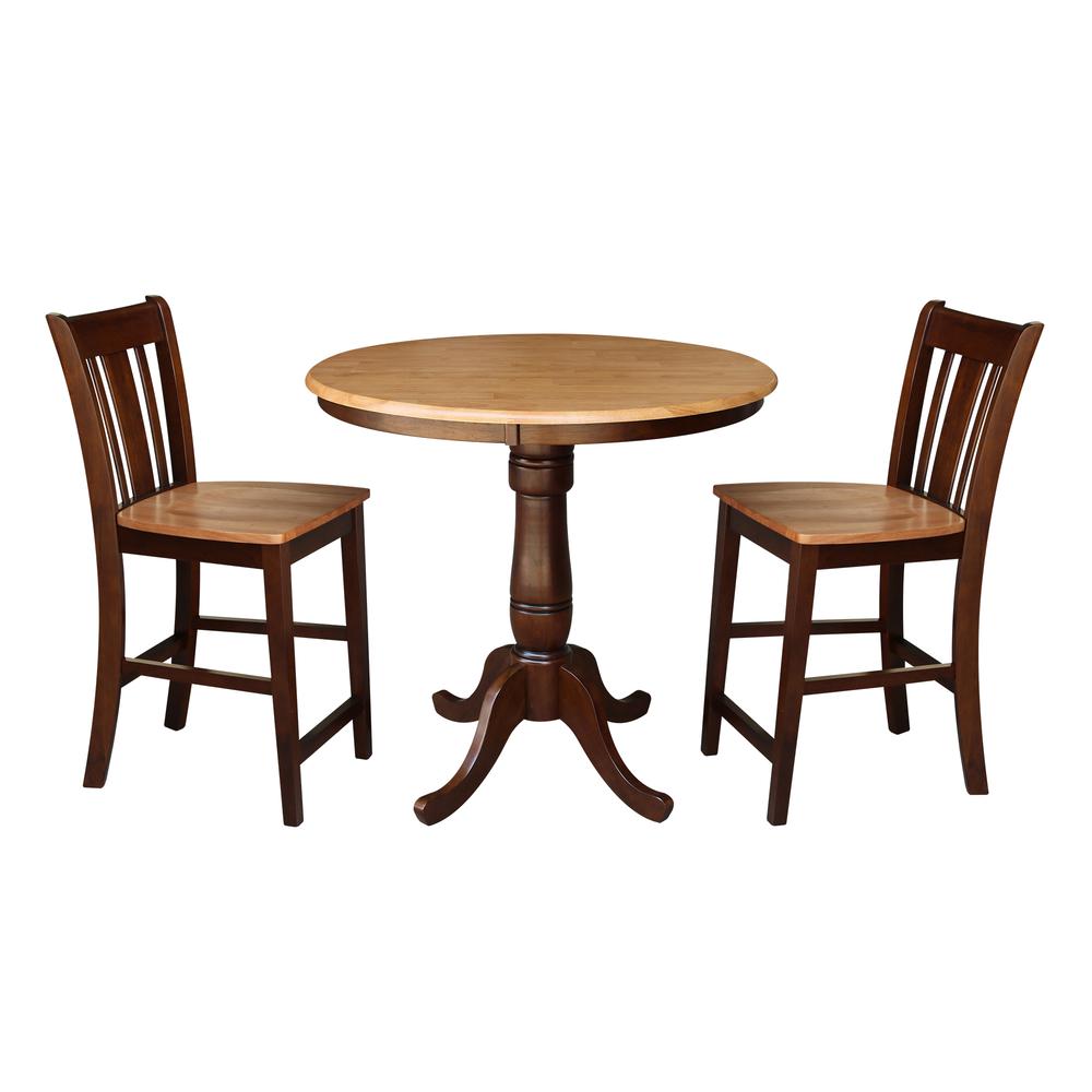 36" Round Pedestal Gathering Height Table With 2 Counter Height Stools. Picture 1