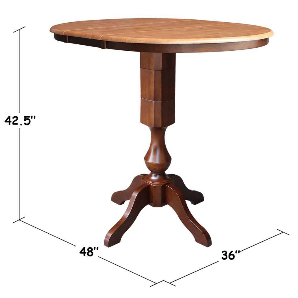 36" Round Top Pedestal Table With 12" Leaf - 40.9"H - Dining, Counter, or Bar Height, Cinnamon/Espresso. Picture 1