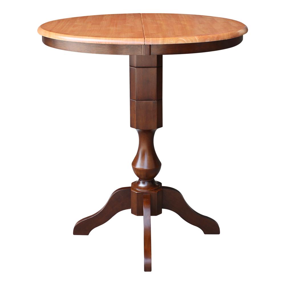 36" Round Top Pedestal Table With 12" Leaf - 40.9"H - Dining, Counter, or Bar Height, Cinnamon/Espresso. Picture 3