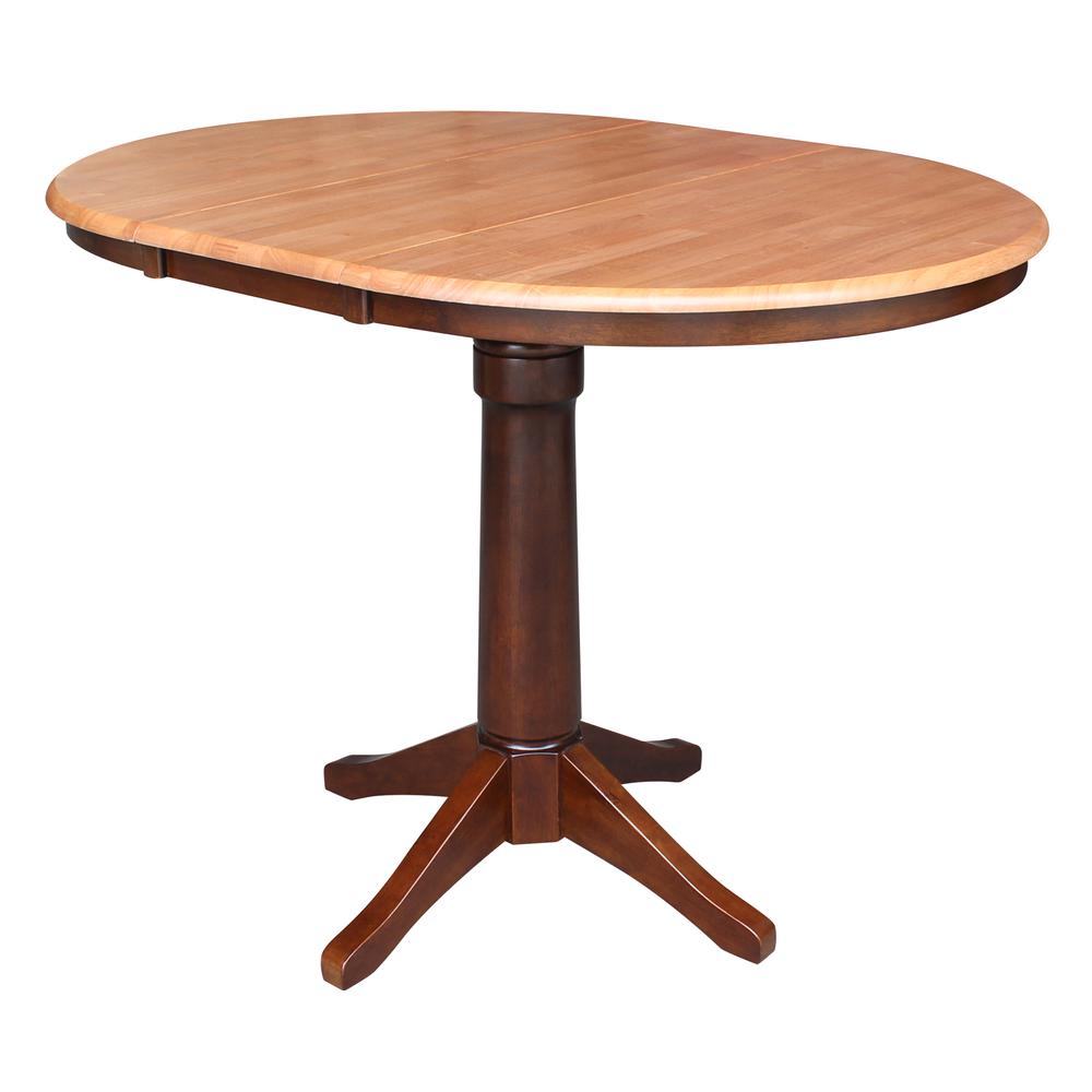 36" Round Top Pedestal Table With 12" Leaf - 34.9"H - Dining or Counter Height, Cinnamon/Espresso. Picture 7