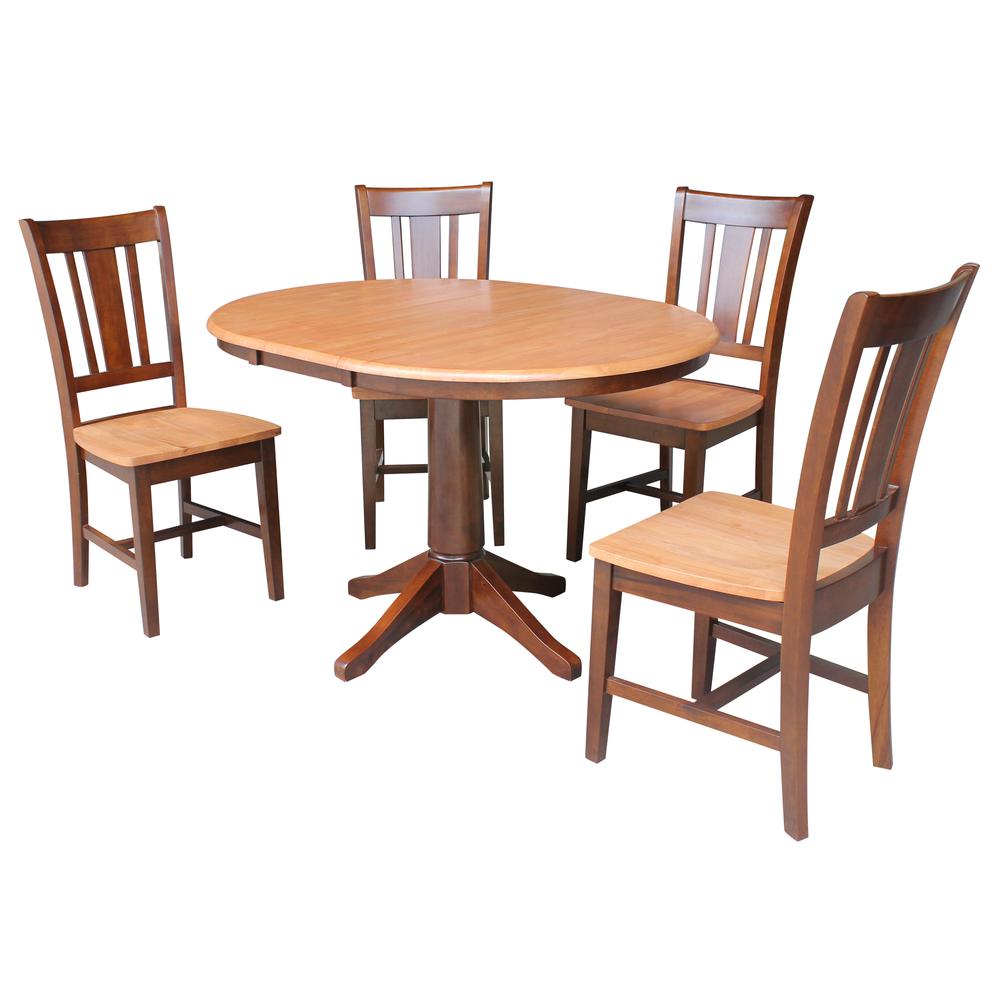 36" Round Extension Dining Table With 4 Rta Chairs, Cinnamon/Espresso. Picture 1