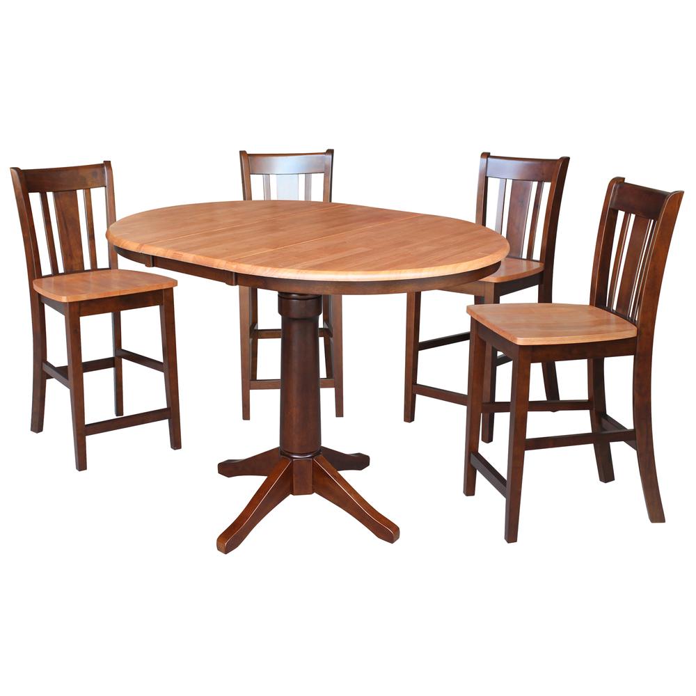 36" Round Extension Dining Table 34.9"H With 4 San Remo Counter height Stools, Cinnamon/Espresso. Picture 1