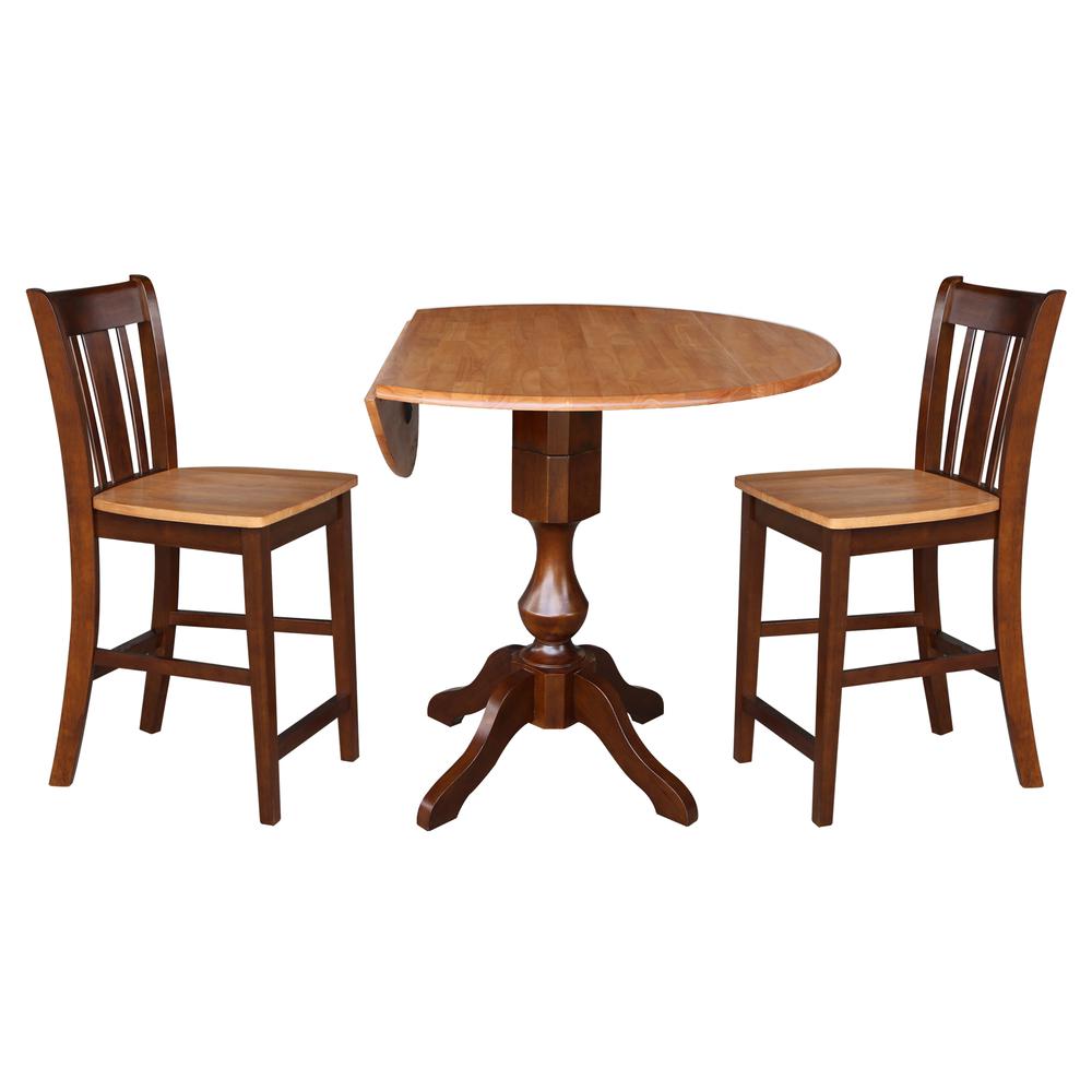 42" Round Pedestal Gathering Height Table with 2 Counter Height Stools. Picture 1