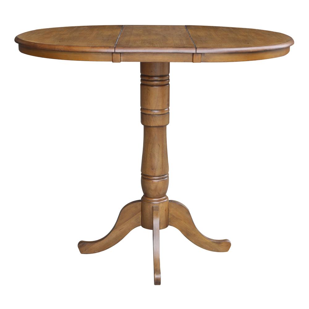 36" Round Top Pedestal Table With 12" Leaf - 40.9"H - Dining, Counter, or Bar Height, Pecan. Picture 2