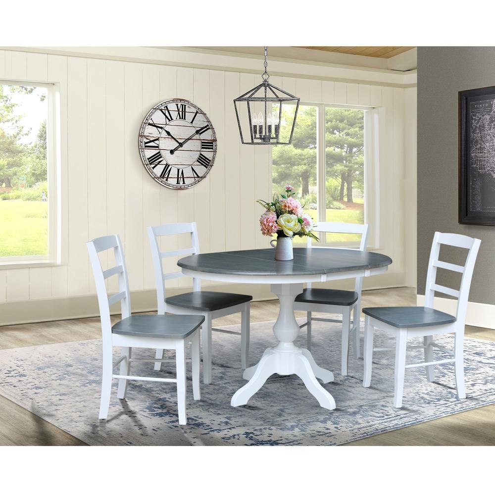 36" Round Extension Dining Table with 4 Madrid Ladderback Chairs - 5 Piece Dining Set, White-Heather Gray. Picture 1
