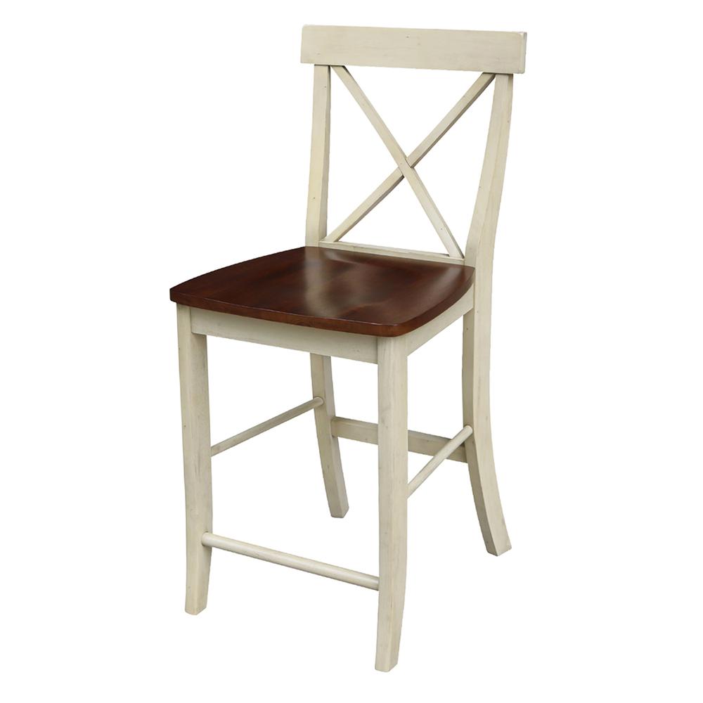 X-Back Counter height Stool - 24" Seat Height, Antiqued Almond/Espresso. Picture 1
