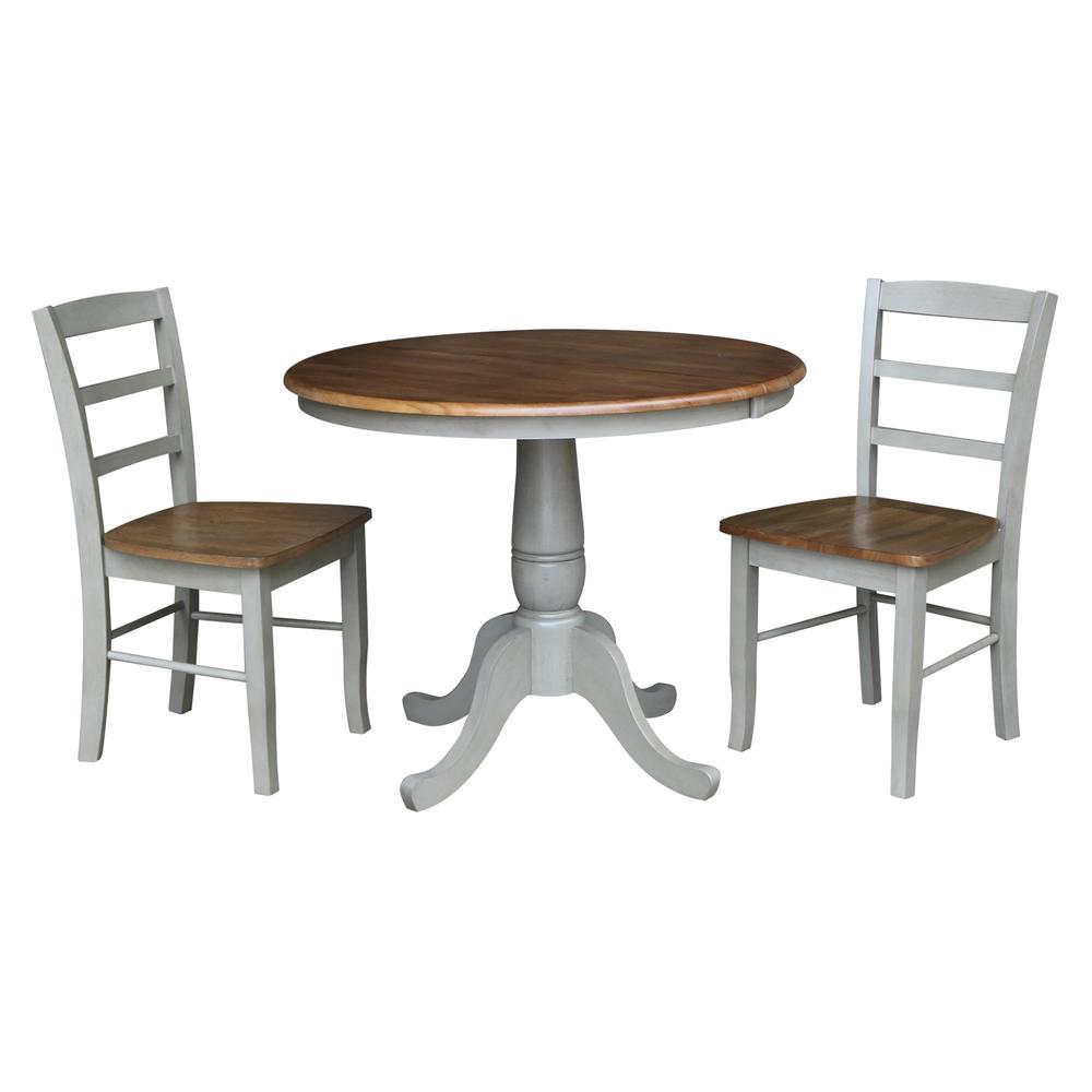 36" Round Extension Dining Table with 2 Madrid Ladderback Chairs - 3 Piece Dining Set, Distressed Hickory/Stone. Picture 2