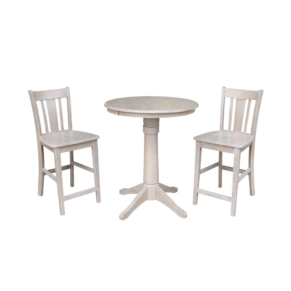 30" Round Pedestal Gathering Height Table With 2 San Remo Counter Height Stools, Washed Gray Taupe. Picture 1