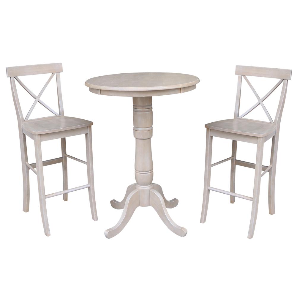 30" Round Pedestal Bar Height Table With 2 X-Back  Bar height Stools, Washed Gray Taupe. Picture 1