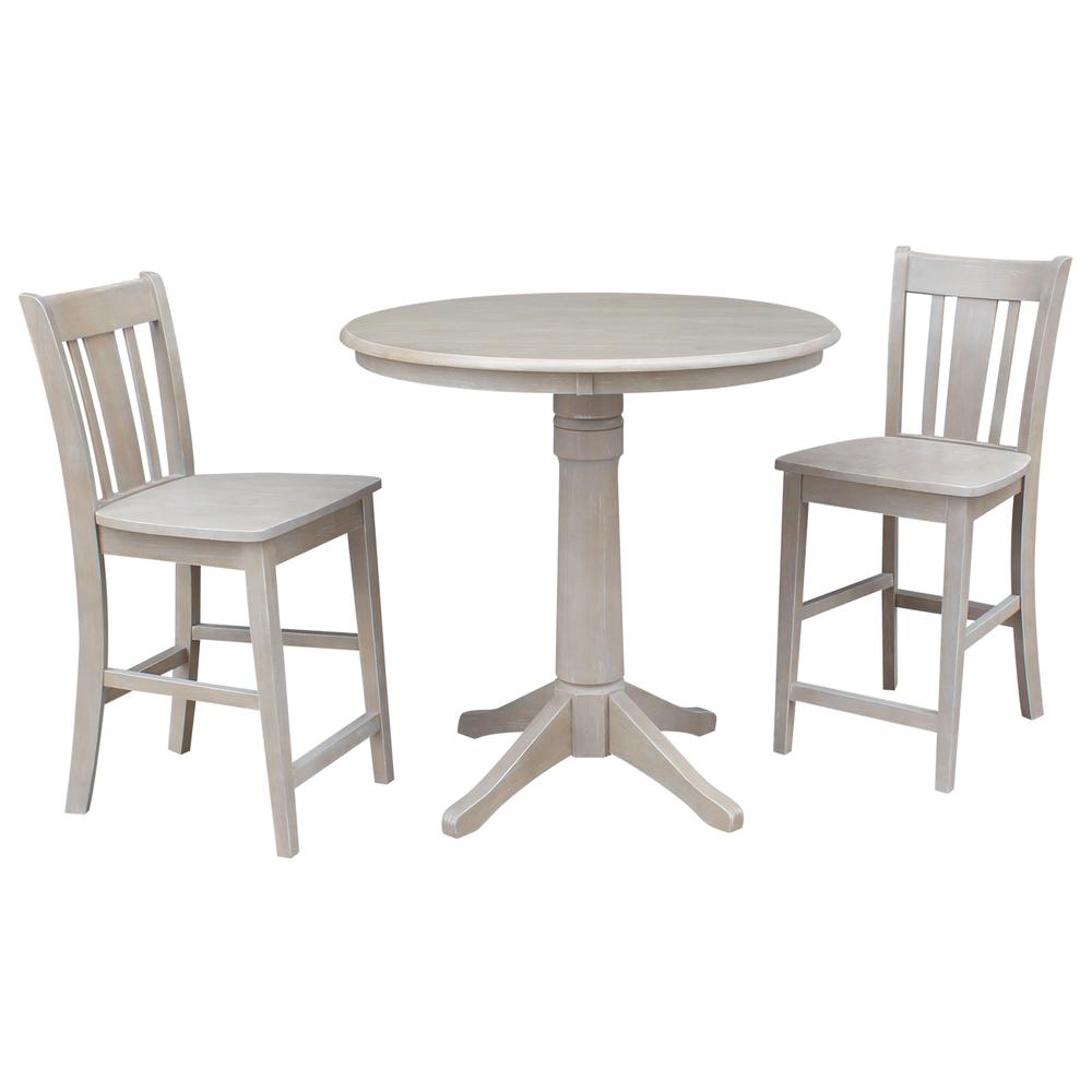 36" Round Pedestal Gathering Height Table With 2 San Remo Counter Height Stools, Washed Gray Taupe. Picture 1
