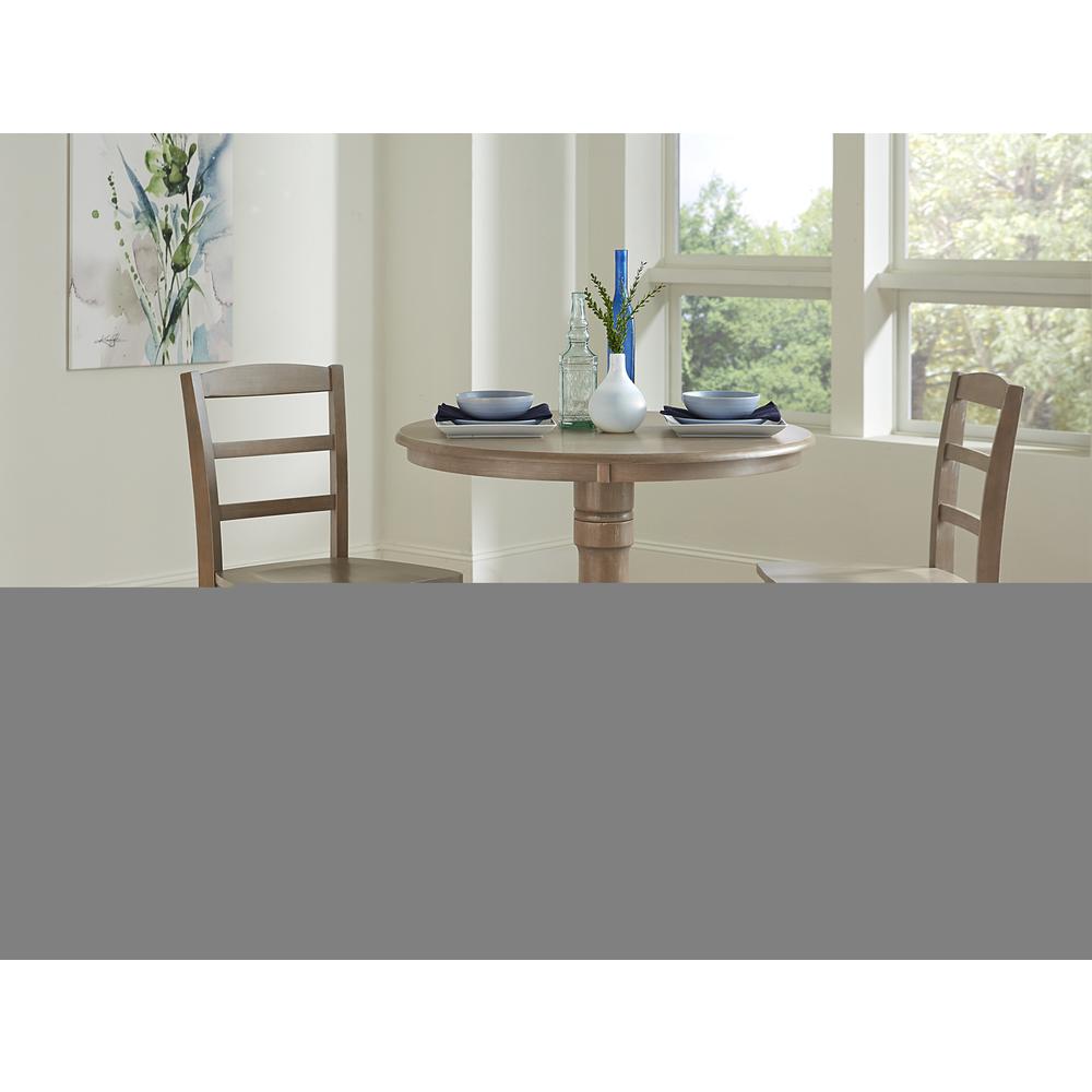 36" Round Pedestal Gathering Height Table With 2 Madrid Counter Height Stools, Washed Gray Taupe. Picture 1